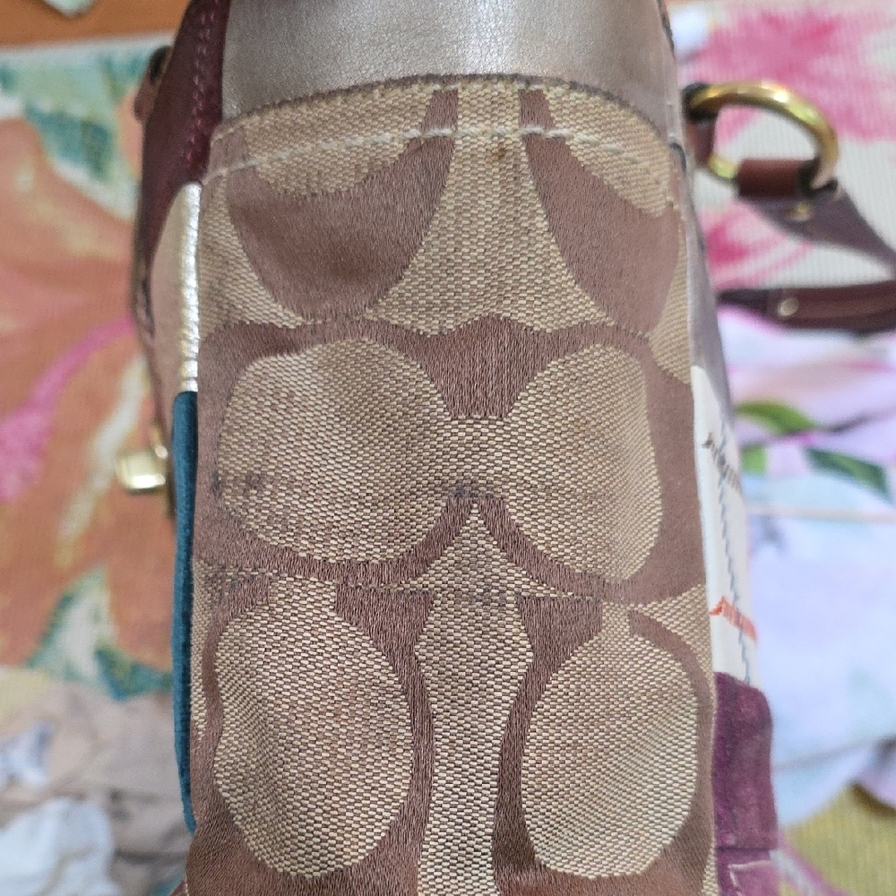 Vintage Coach Patchwork Leather Tote Bag - Brown, Burgundy, Teal Gold - Picture 6 of 7